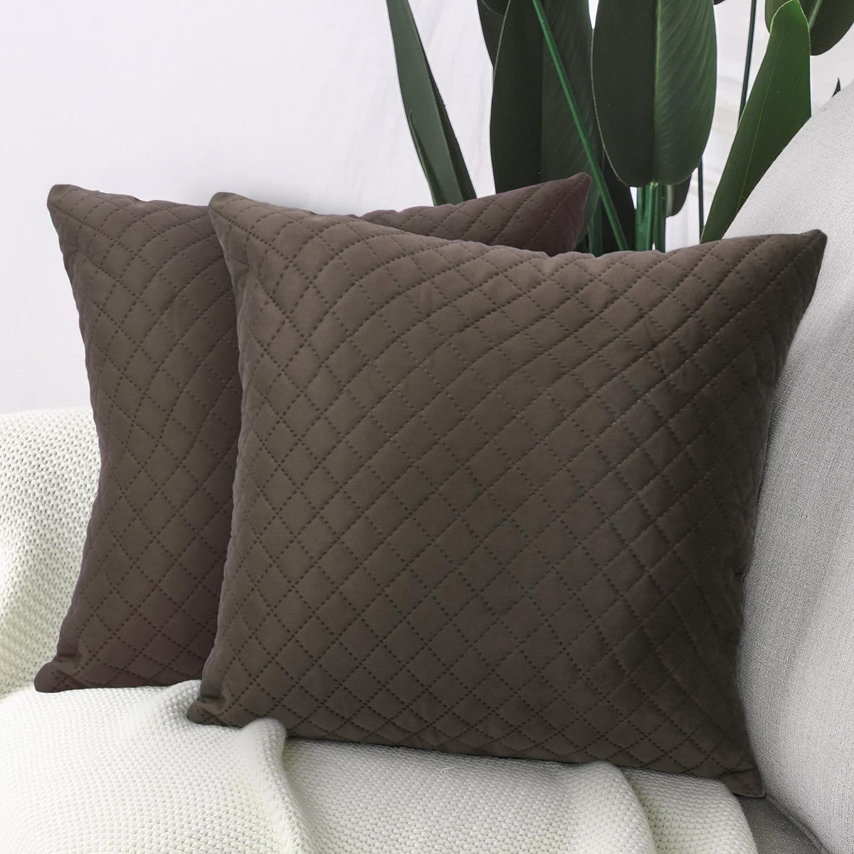 Buy Taupe Brown Colour Premium Zippered Square Quilted Velvet Sofa Cushion Covers