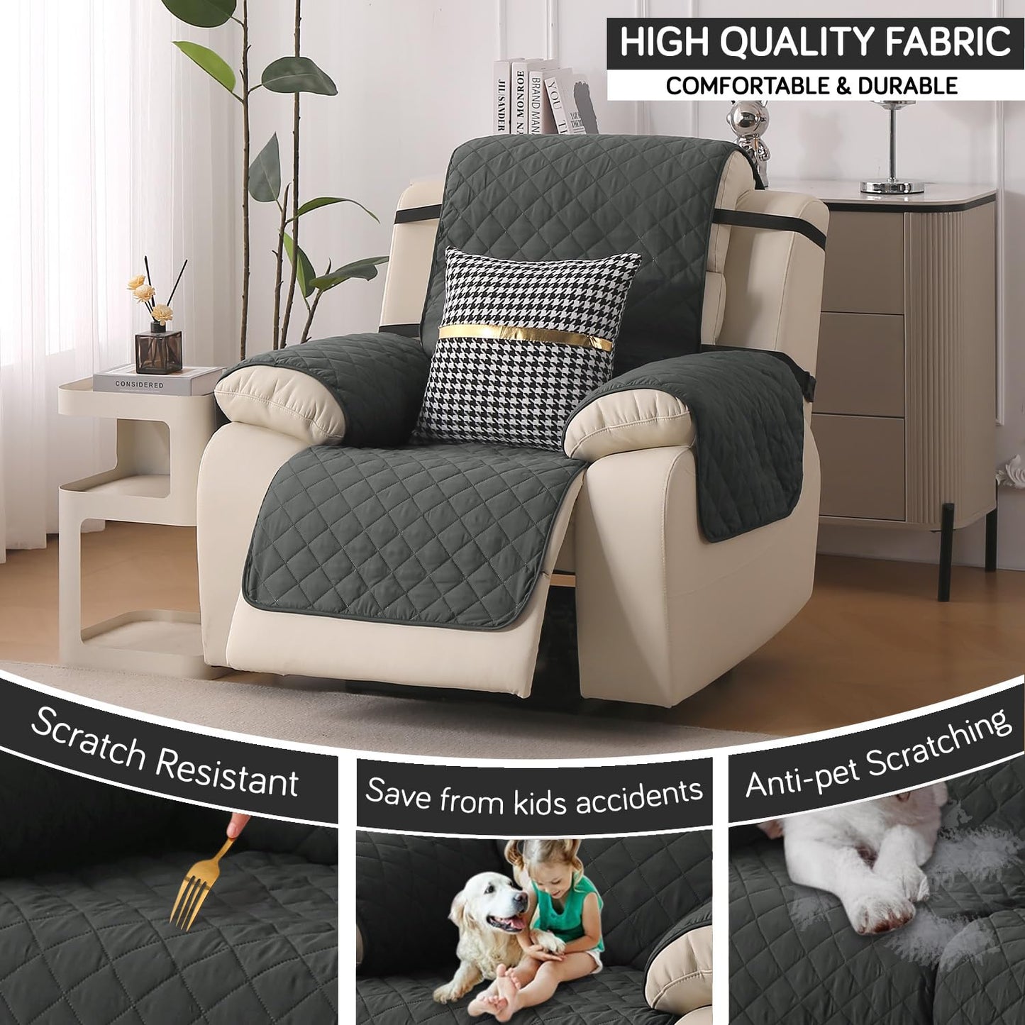 UrbanQuilt Recliner Sofa Slipcover Mat with Dual Belt for 1/2/3 Seater - Anchor Grey