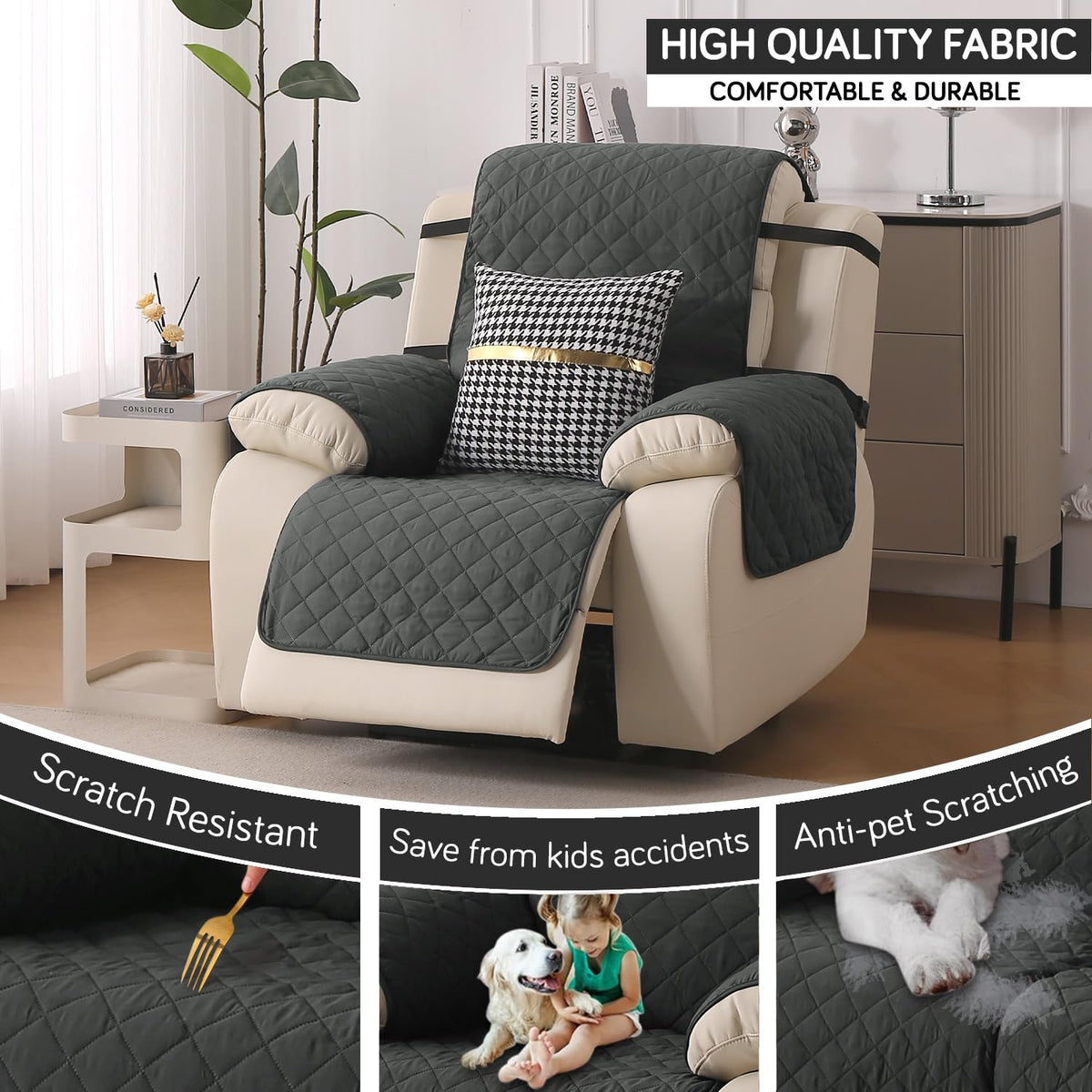 UrbanQuilt Recliner Sofa Slipcover Mat with Dual Belt for 1/2/3 Seater - Anchor Grey
