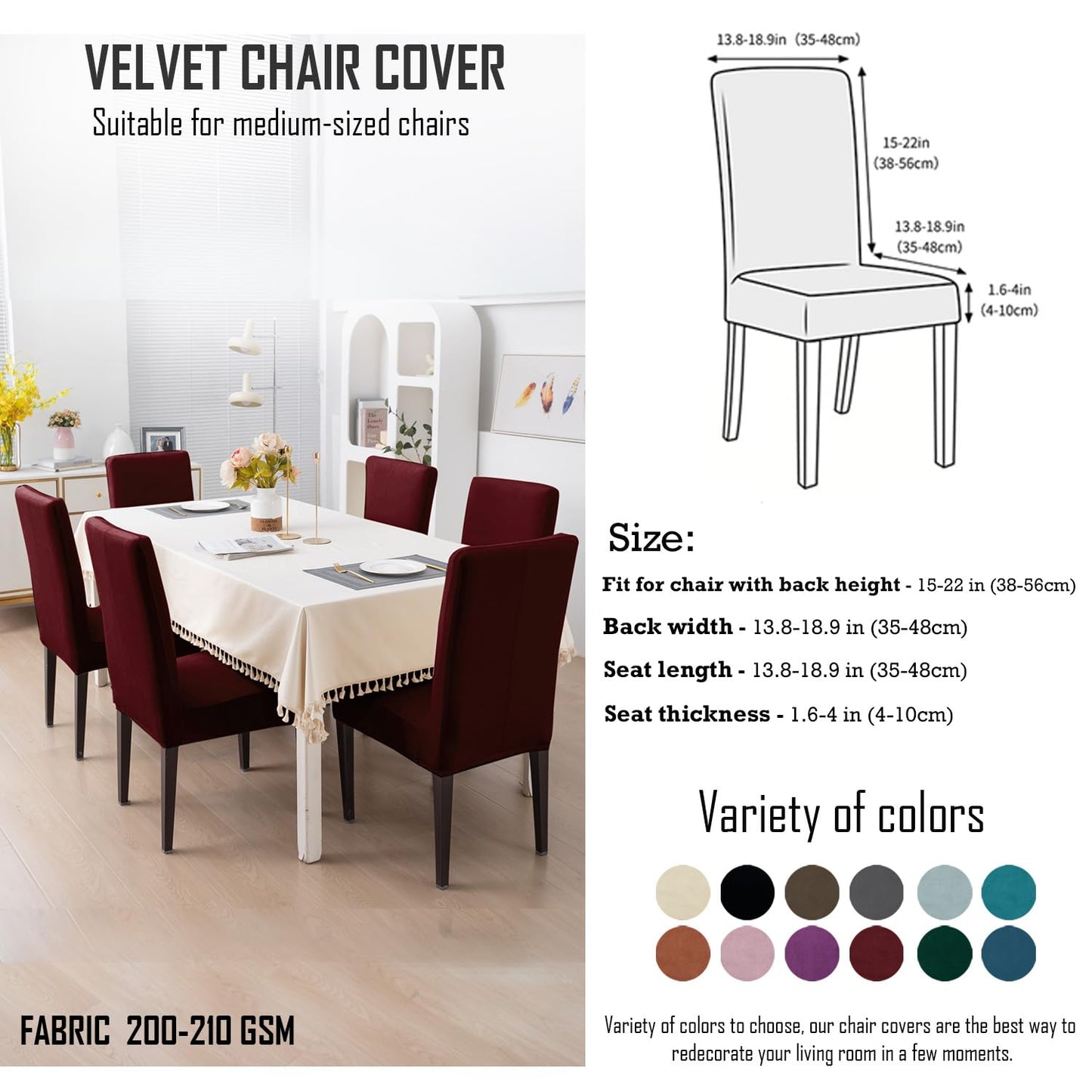 Elastic Stretchable Premium Velvet Dining Chair Cover, Burgundy