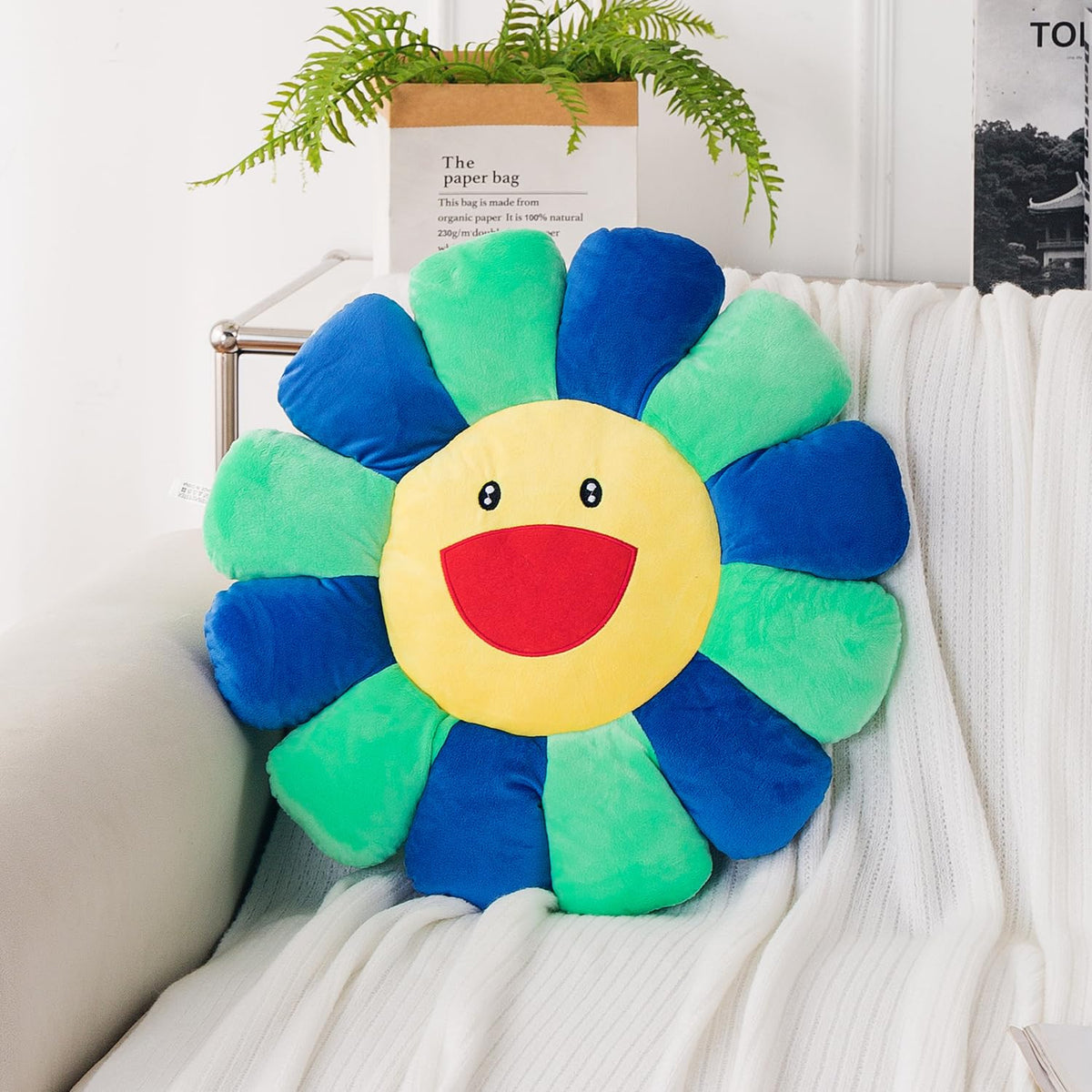 HOKIPO Smiley Sunflower Cushion for Sofa & Bed, 45 cm, Blue Green