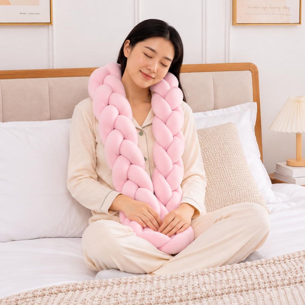HOKIPO Braided Knot Chain Pillow for Sofa & Bed, 200 cm, Pink