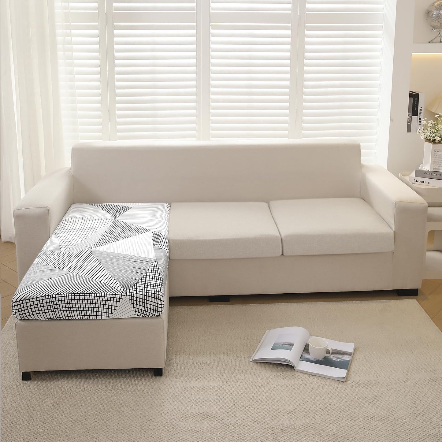 140 GSM Stretchable Printed Elastic Sofa Cushion Seat Cover for 1 /2 /3 Seaters / Pieces for Sofa, Snow White Black Geometry