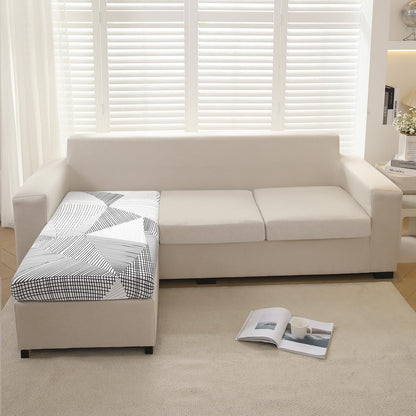 140 GSM Stretchable Printed Elastic Sofa Cushion Seat Cover for 1 /2 /3 Seaters / Pieces for Sofa, Snow White Black Geometry