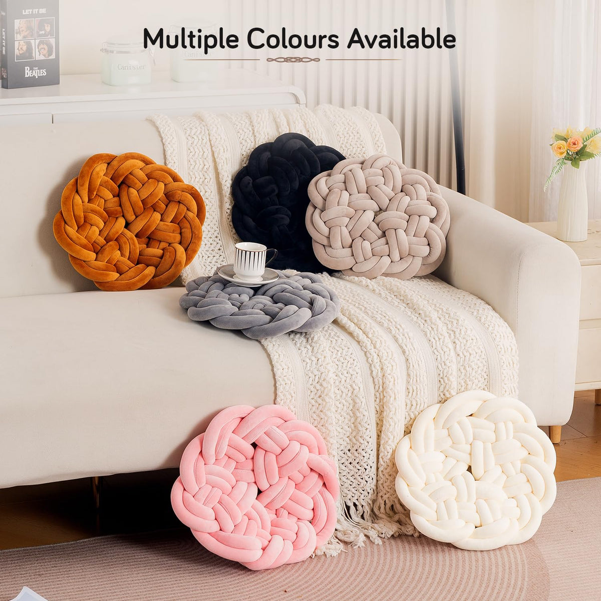 HOKIPO Round Braided Knot Cushion for Bed, Couch & Chair, 36 cm, Grey