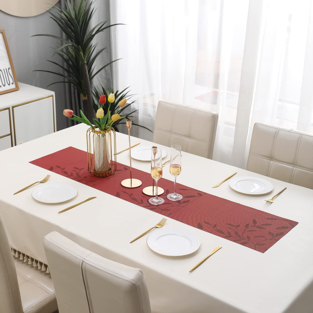 Buy Red Leaves Colour PVC Runner for Dining Table | HOKIPO