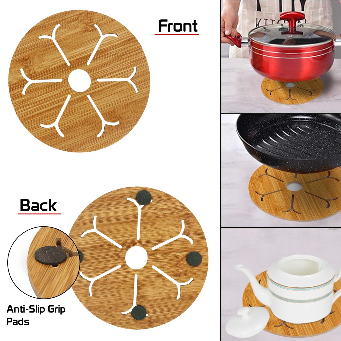 HOKIPO Eco-Friendly Bamboo Wooden Coasters for Home Pan Pot Holder, Dining Table Heat Pad for Kitchen - Pack of 2/4/6