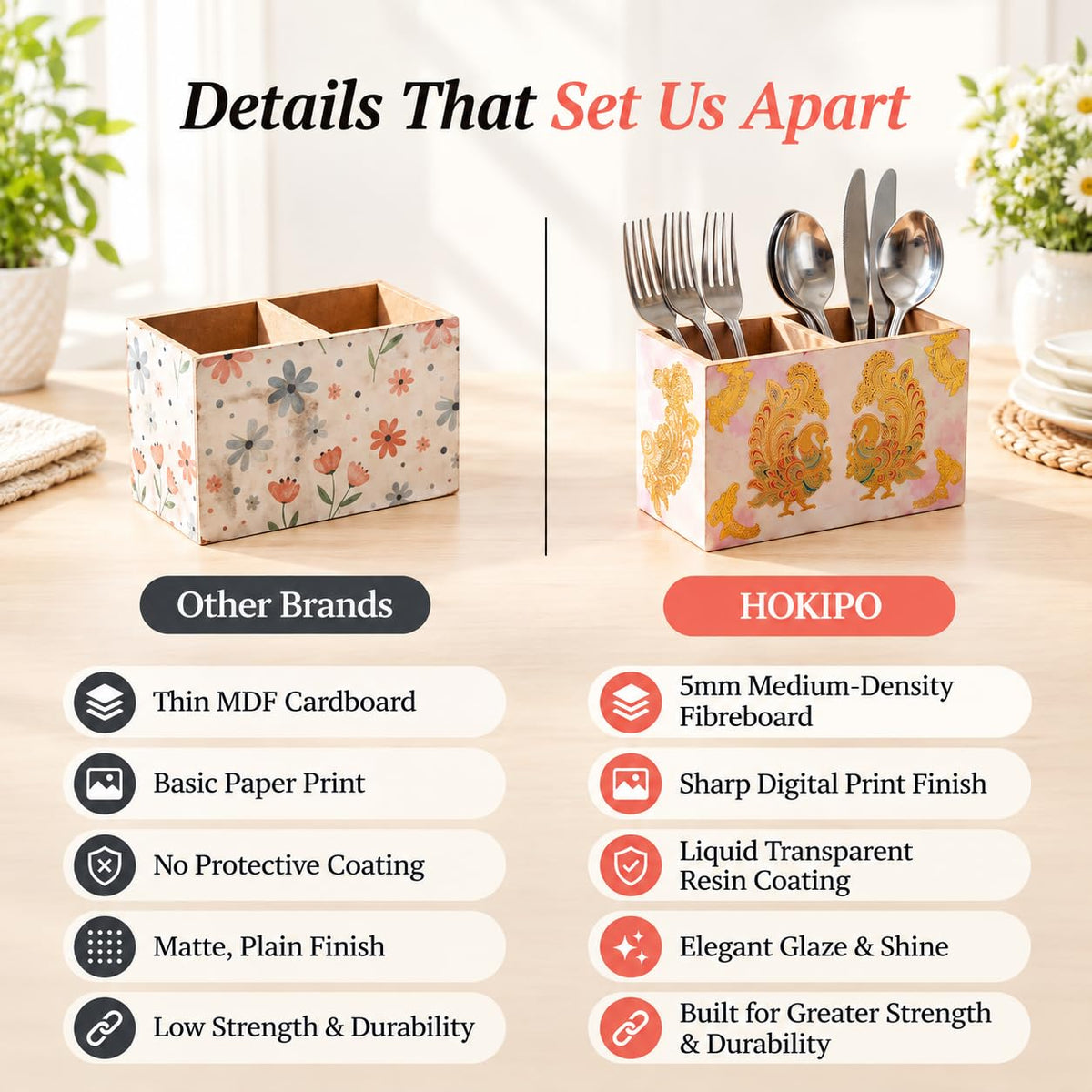 HOKIPO Cutlery Holder for Dining Table, Engineered Wood, Mayur Mahal - image 3