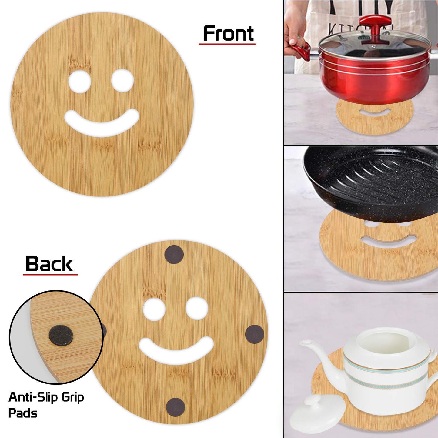 HOKIPO Smily Bamboo Wooden Coasters for Home Pan Pot Holder - Pack of 2/4/6