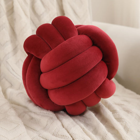 Knot Ball Cushion Pillow Soft Plush Velvet Decorative Throw Pillow - Burgundy
