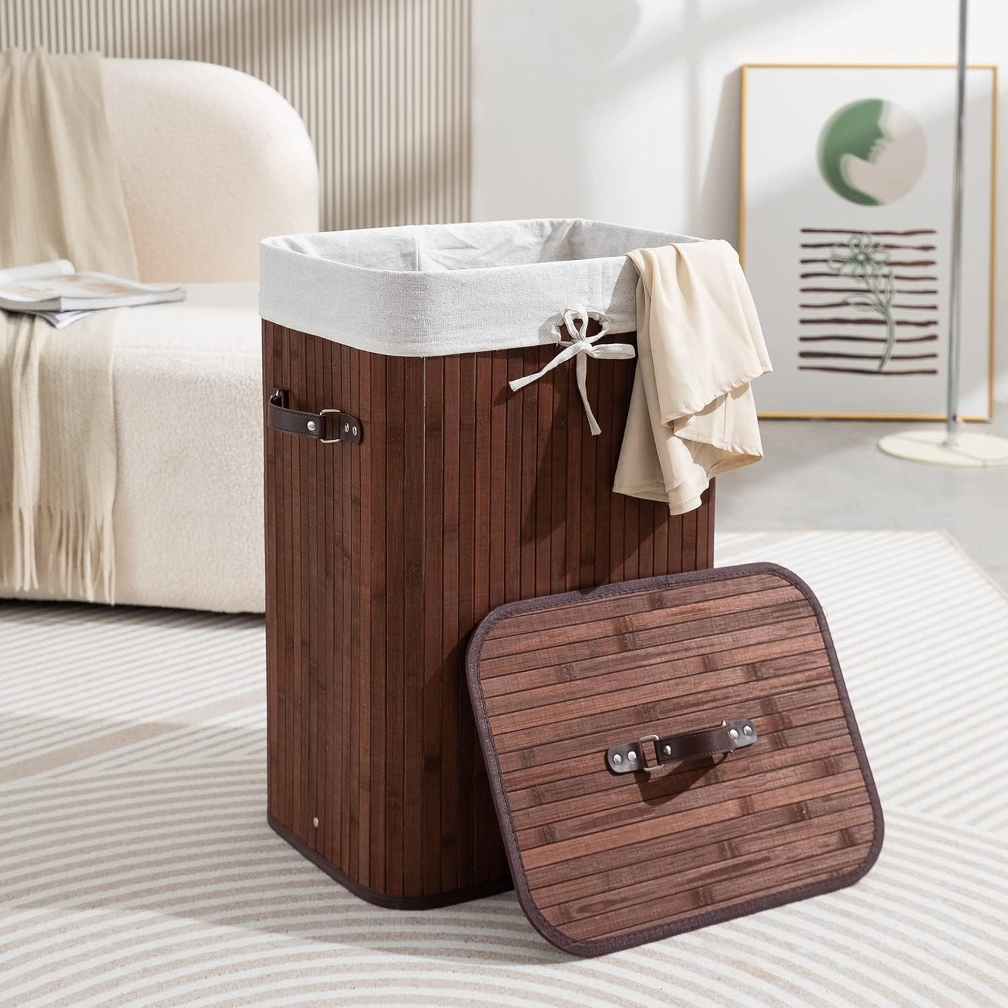 Eco-Friendly Foldable Bamboo Laundry Basket Hamper with Lid, Large - 81 Liter, Coffee Brown