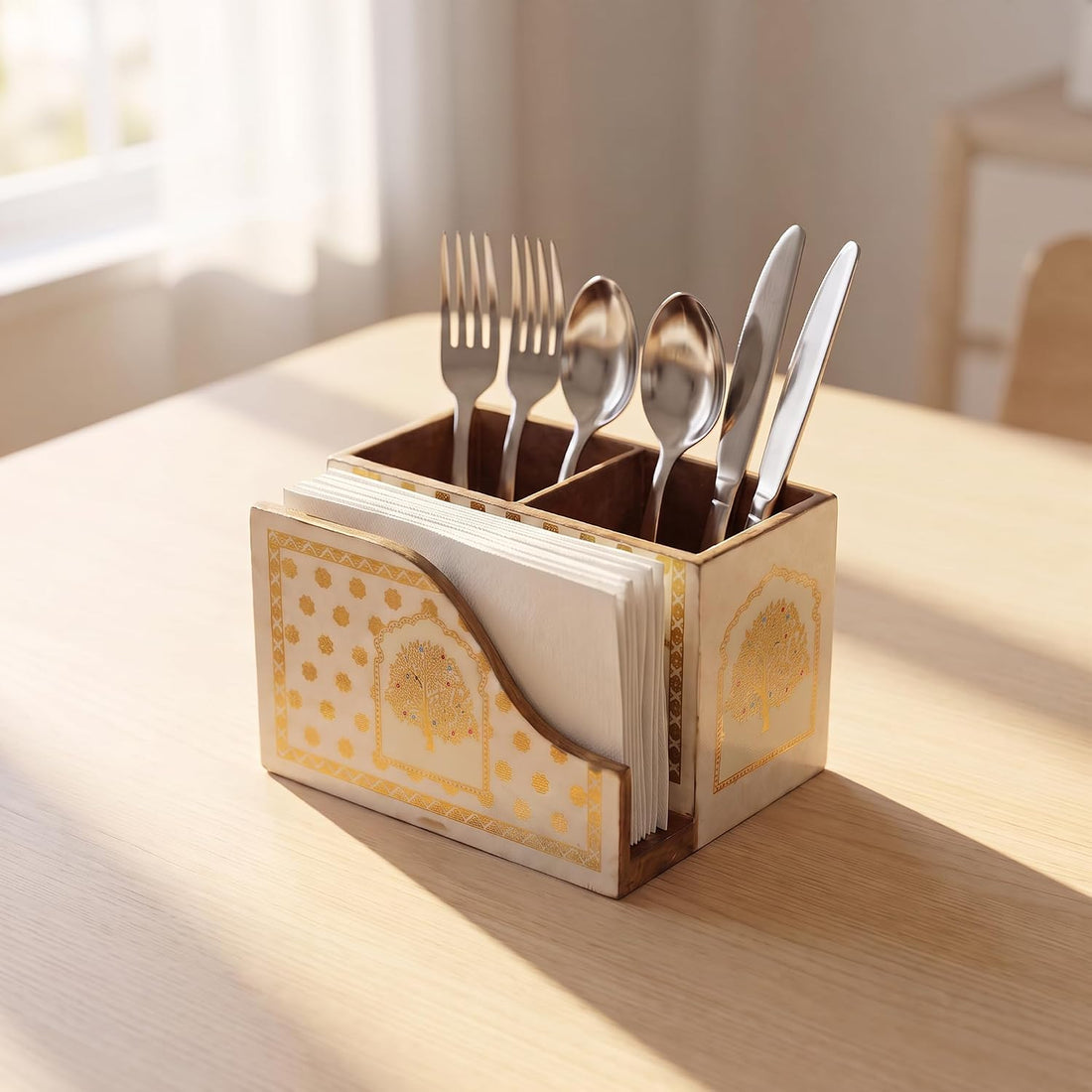 HOKIPO Cutlery Holder with Napkin Stand, Engineered Wood, Swarna Vriksha - image 1