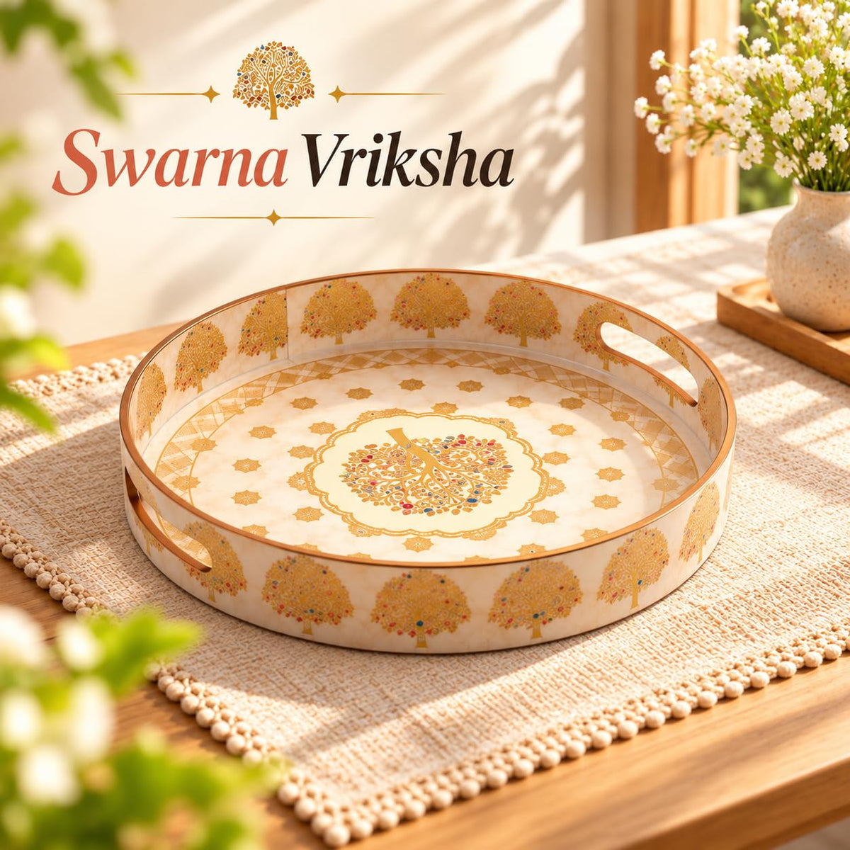 HOKIPO Round Serving Tray 12 in, Engineered Wood, Swarna Vriksha - image 2
