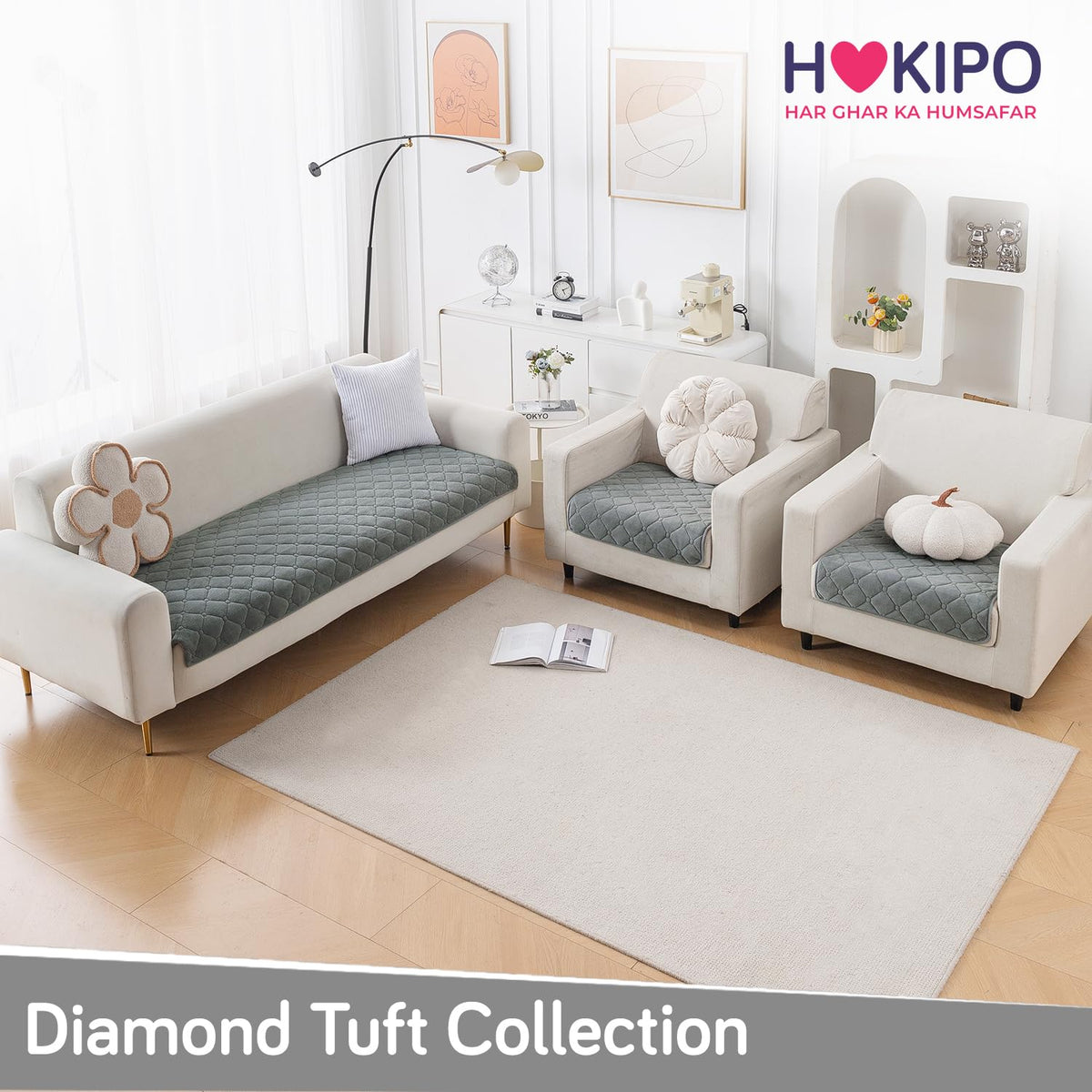 Diamond Tuft Quilted 5-Seater Sofa Mat (3+1+1), Anti-Slip, Stone Grey