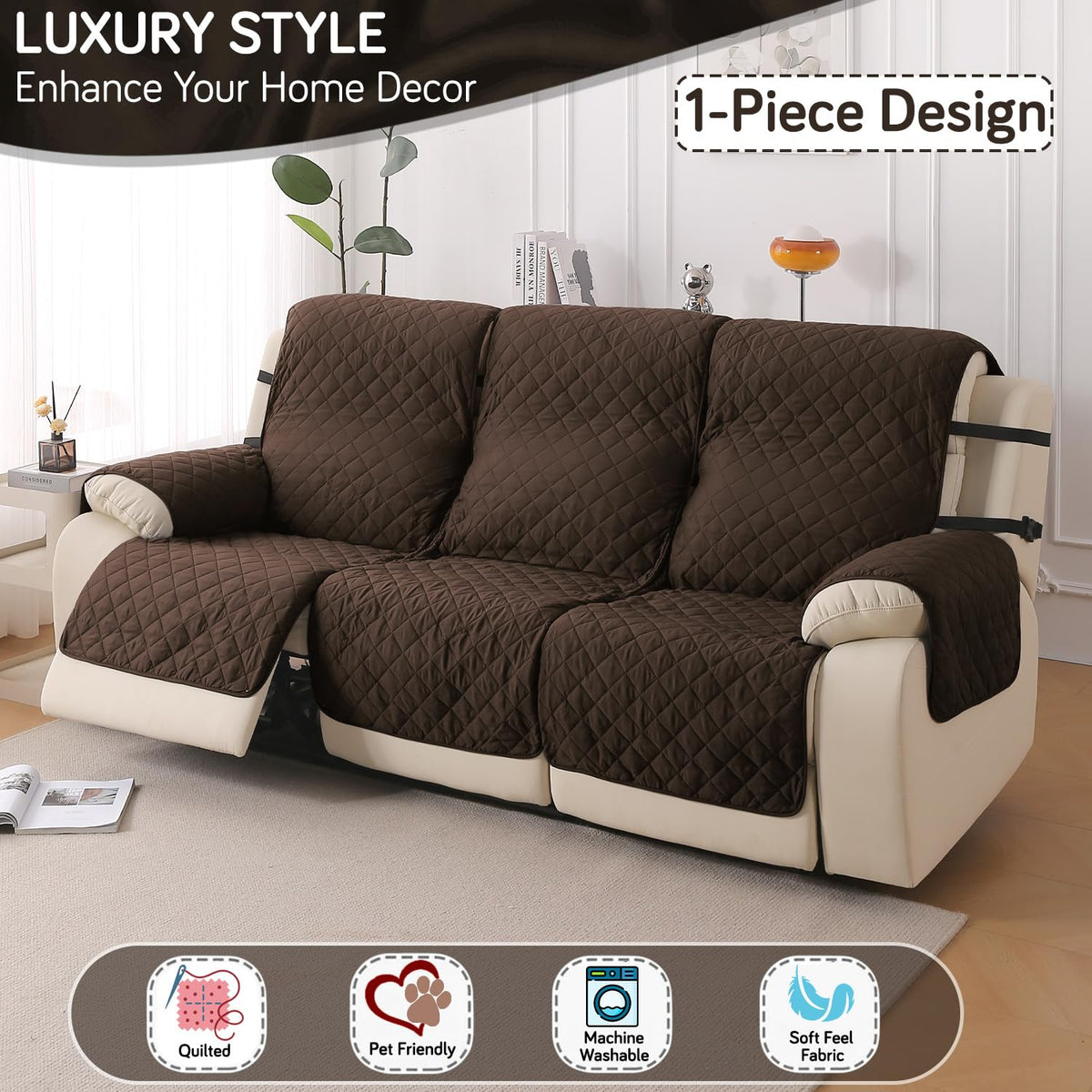 UrbanQuilt Recliner Sofa Slipcover Mat with Dual Belt for 1/2/3 Seater -  Chocolate Brown