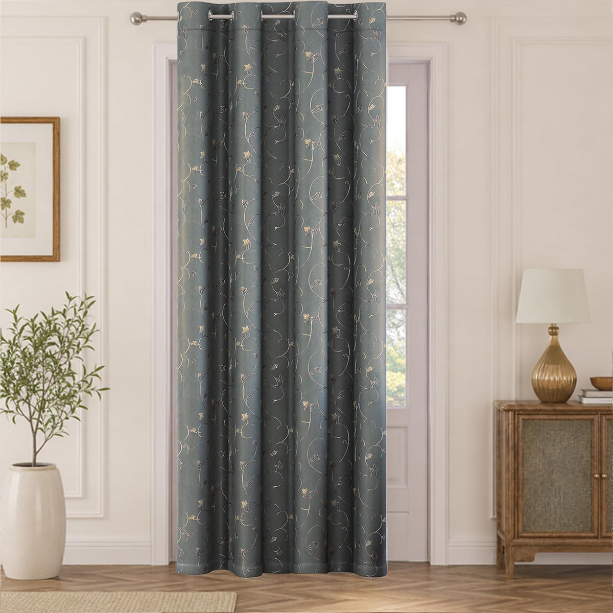 HOKIPO Golden Vine Eyelet Curtains, 7 Feet Long - Steel Grey - image 2