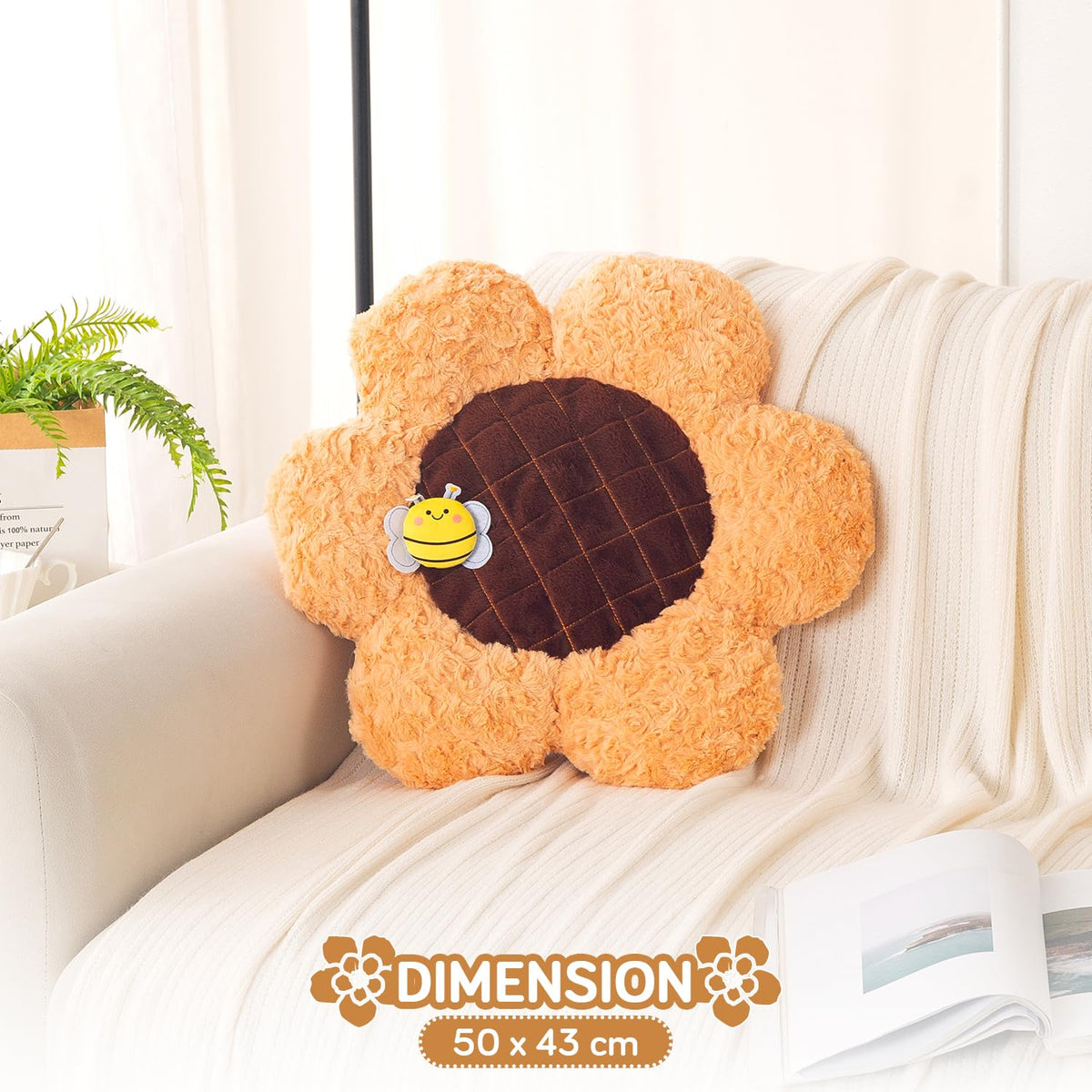 HOKIPO Sunflower Bee Cushion for Sofa & Bed, 50 cm, Peach