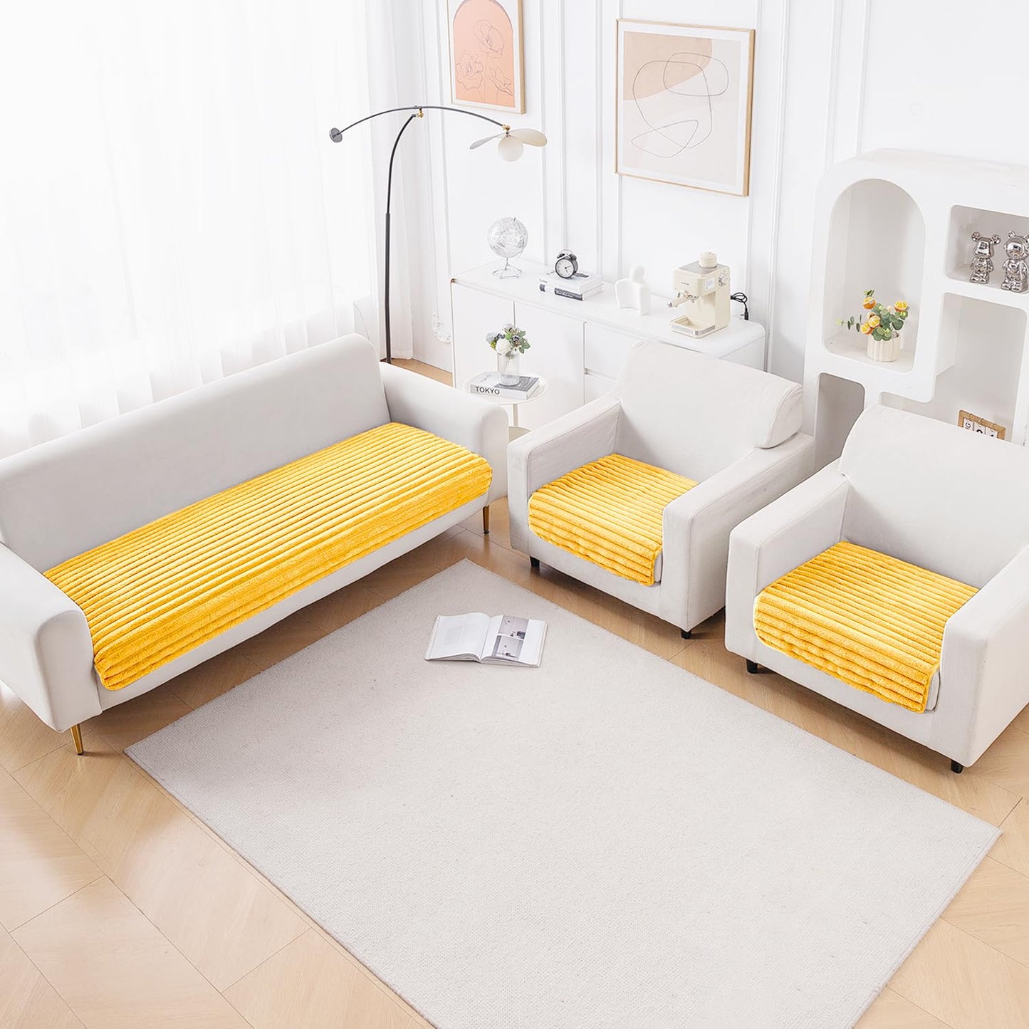 Faux Rabbit Fur Sofa Cover Combination Set, 'Snuggle Fur Series' Mustard Yellow