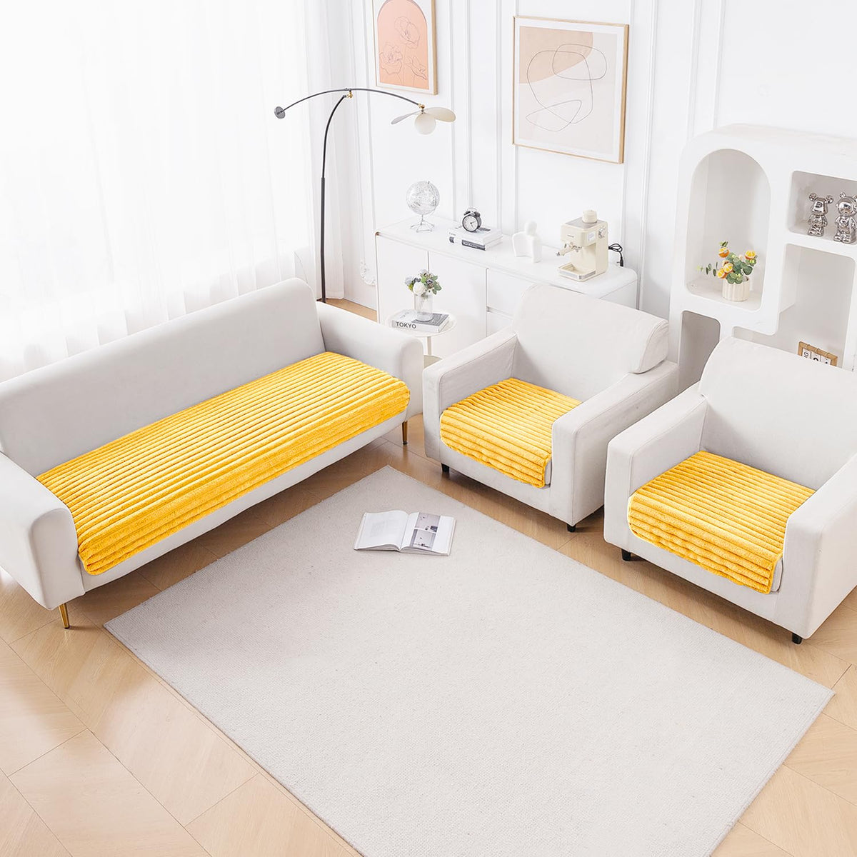 Faux Rabbit Fur Sofa Cover Combination Set, 'Snuggle Fur Series' Mustard Yellow
