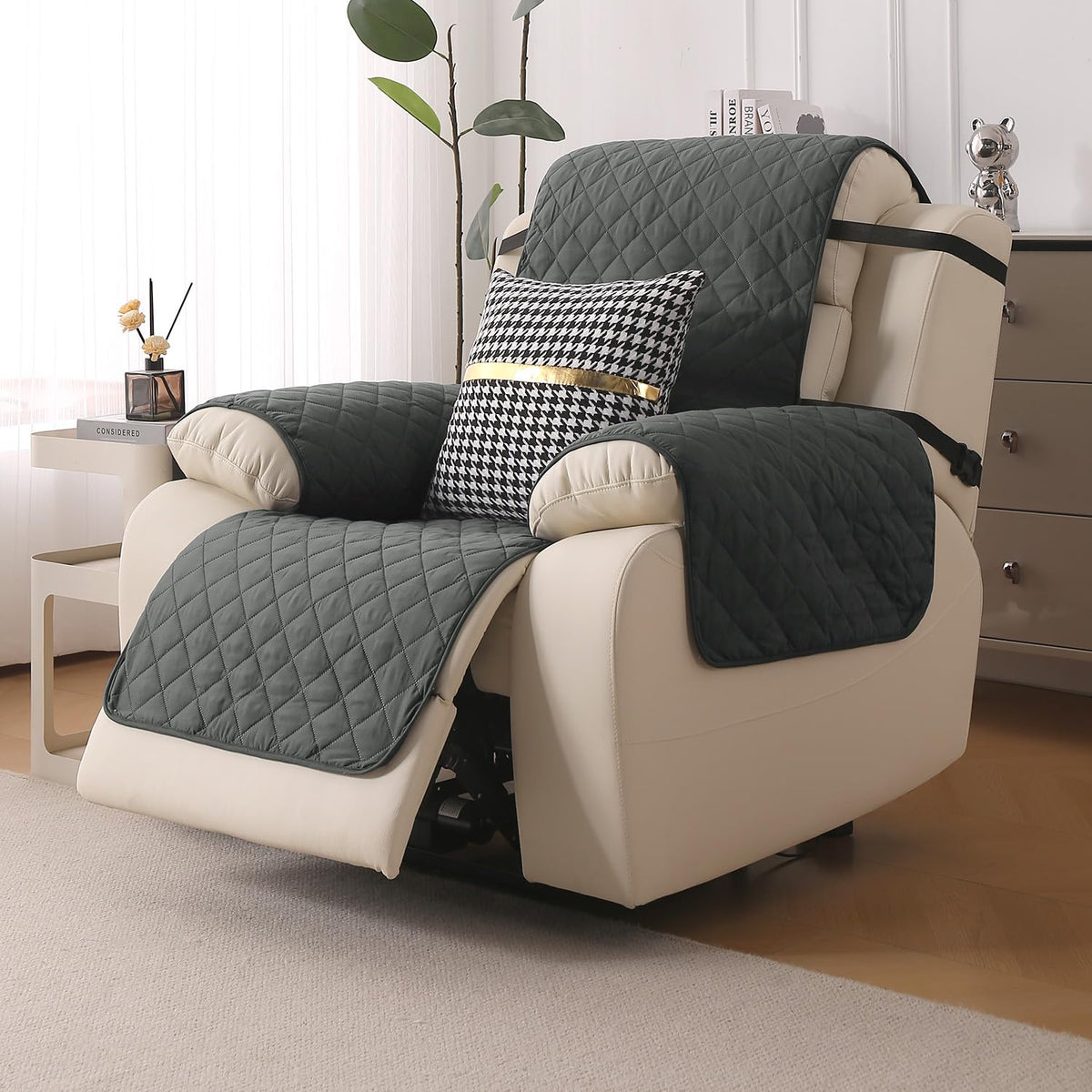 UrbanQuilt Recliner Sofa Slipcover Mat with Dual Belt for 1/2/3 Seater - Anchor Grey