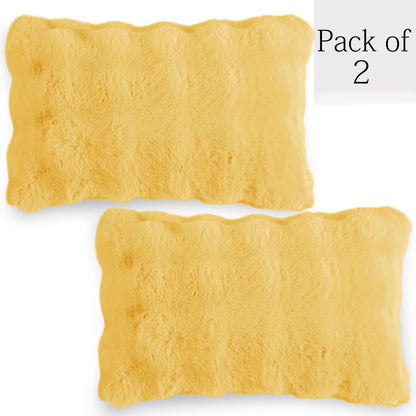 Buy Honey Yellow Colour faux rabbit fur cushion covers in set of 2