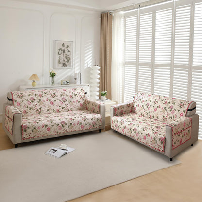 Quilted Printed Sofa Cover with Pockets, Beige Peonies