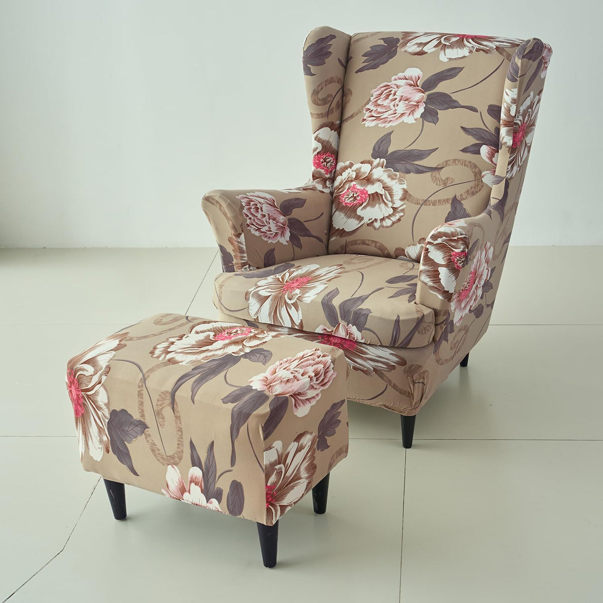 Buy Buff Brown Geum Stretchable Wingback Chair & Footstool Cover