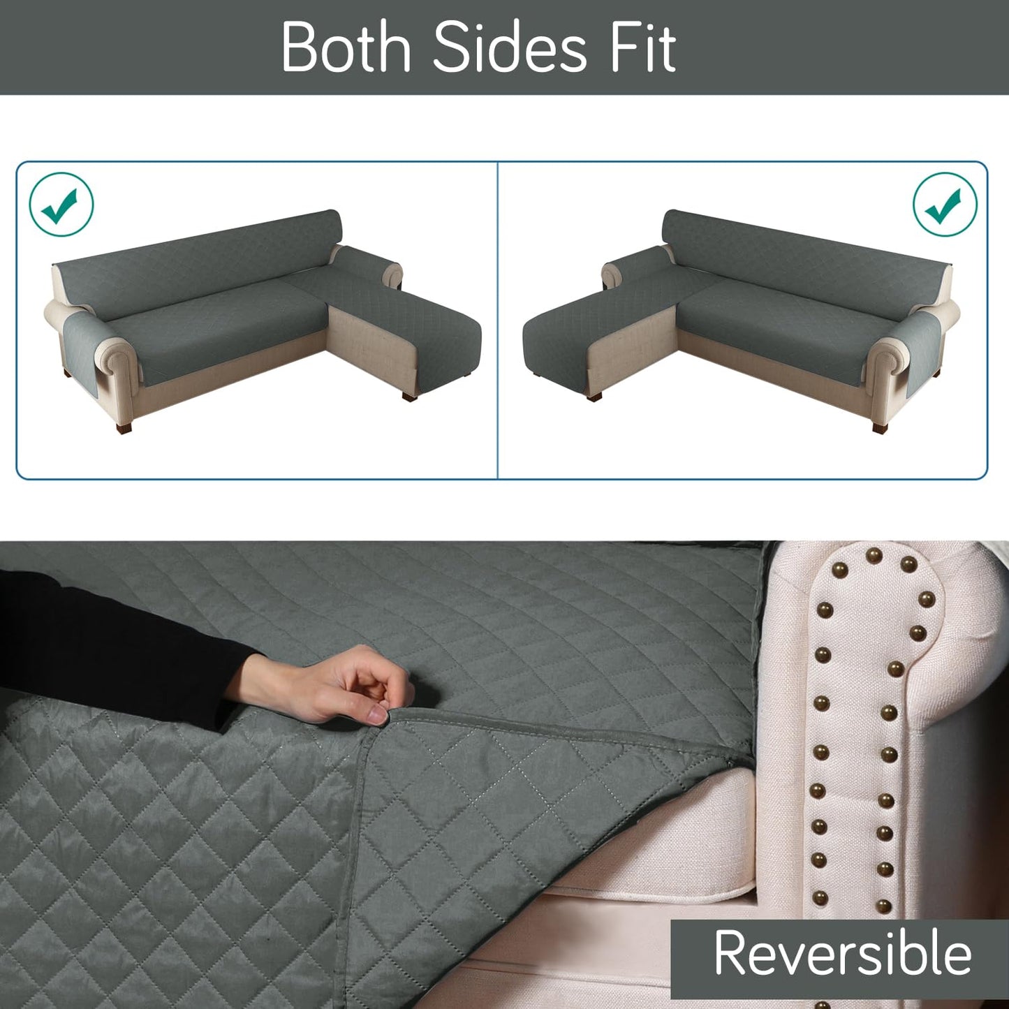 HOKIPO Quilted Reversible One Piece L Shape 4/5/6 Seater Sofa Cover Mat, Dark Grey