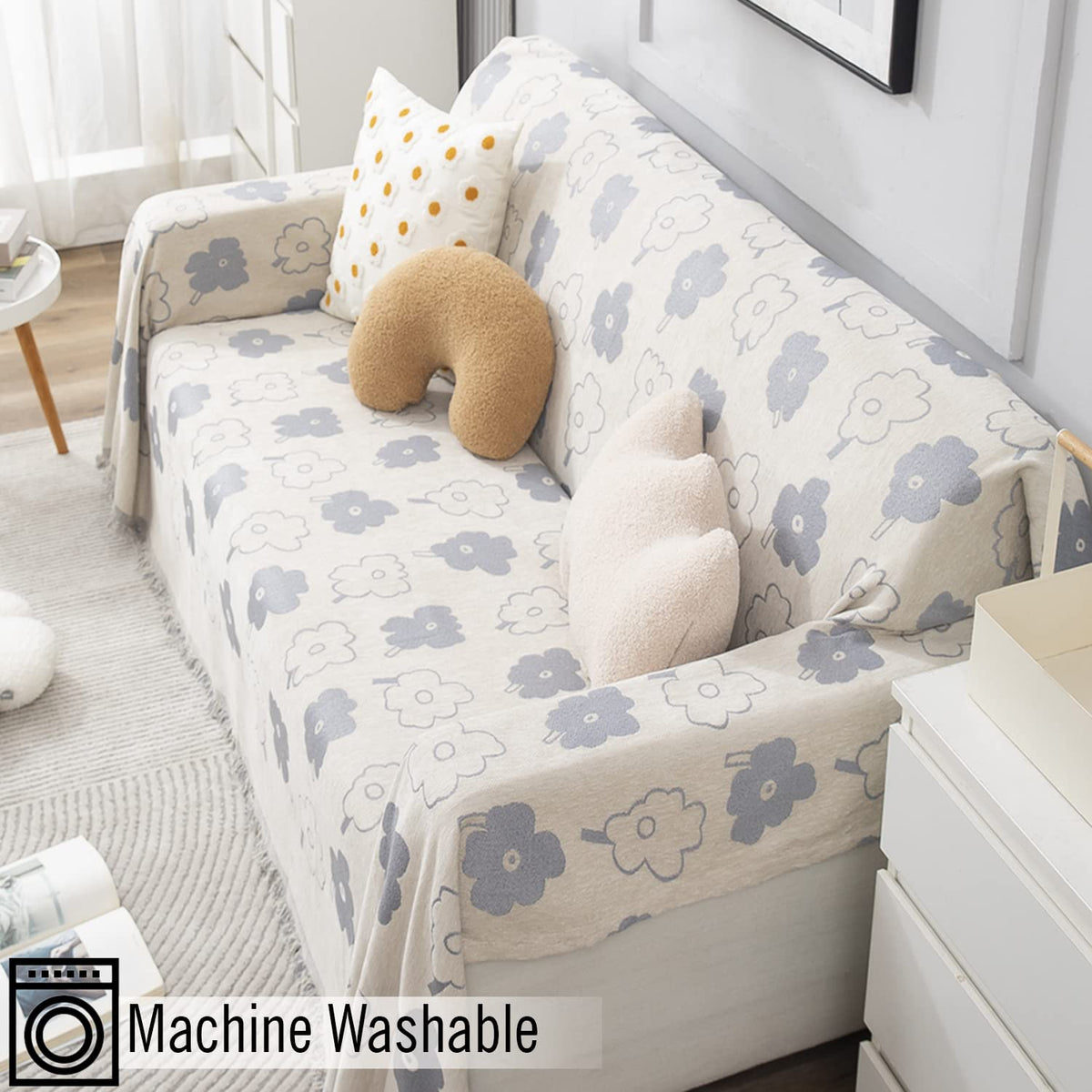 3 seater elegant off white floral print colour chenille sofa throw of size 180(D)x300(L)
