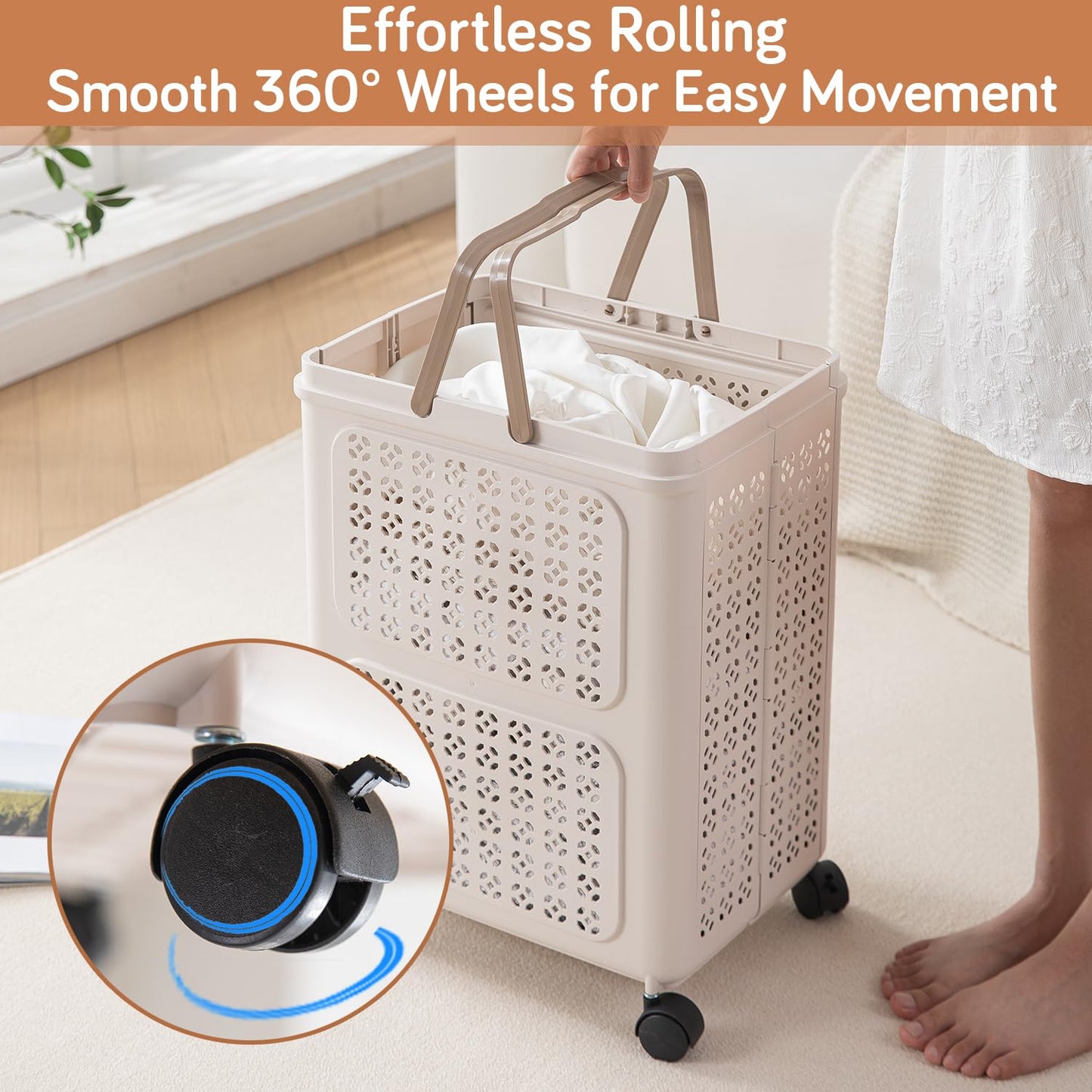 HOKIPO Foldable Laundry Basket with Wheels for Clothes, Toys & More - Beige