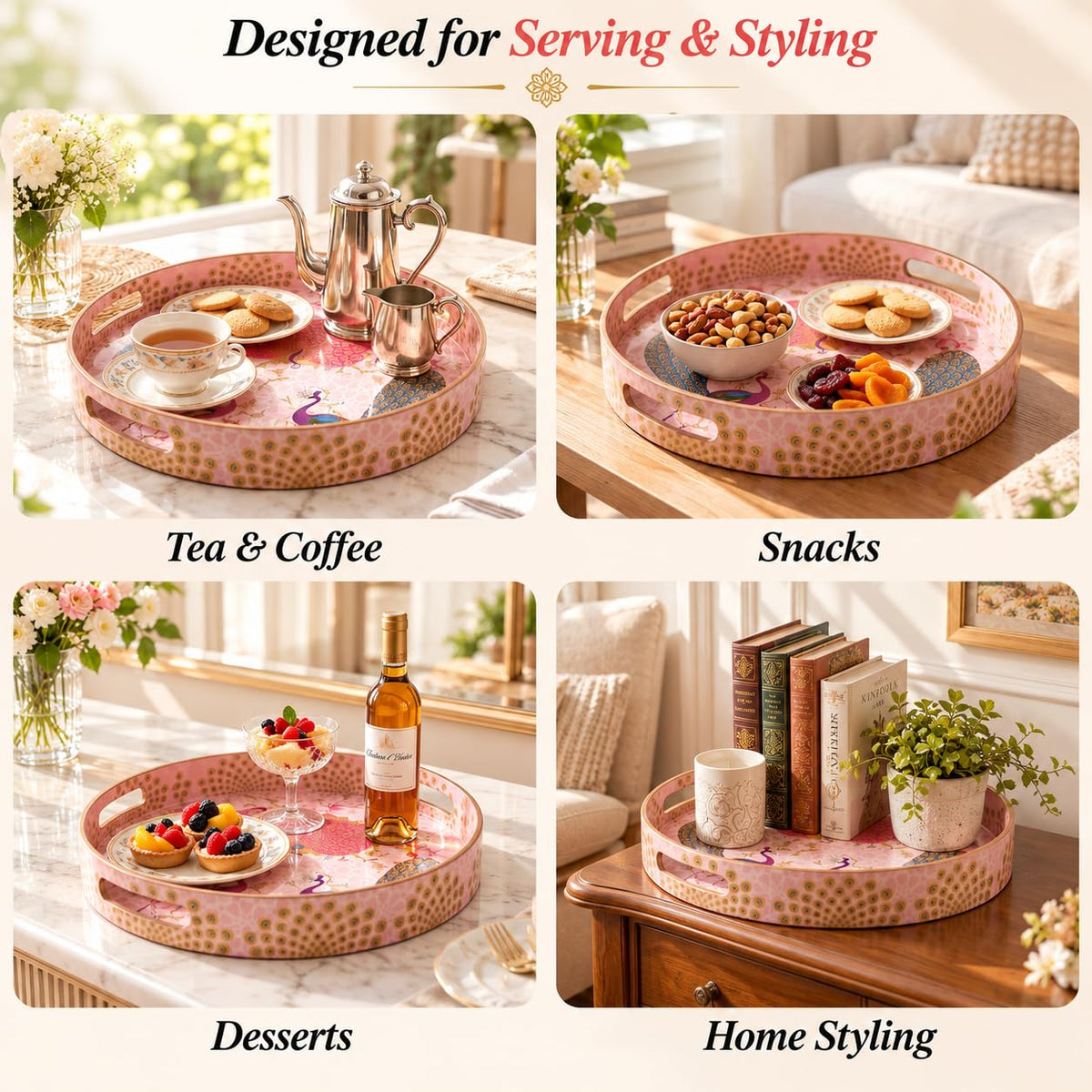 HOKIPO Round Serving Tray 12 in, Engineered Wood, Gulabi Mayurvan - image 5