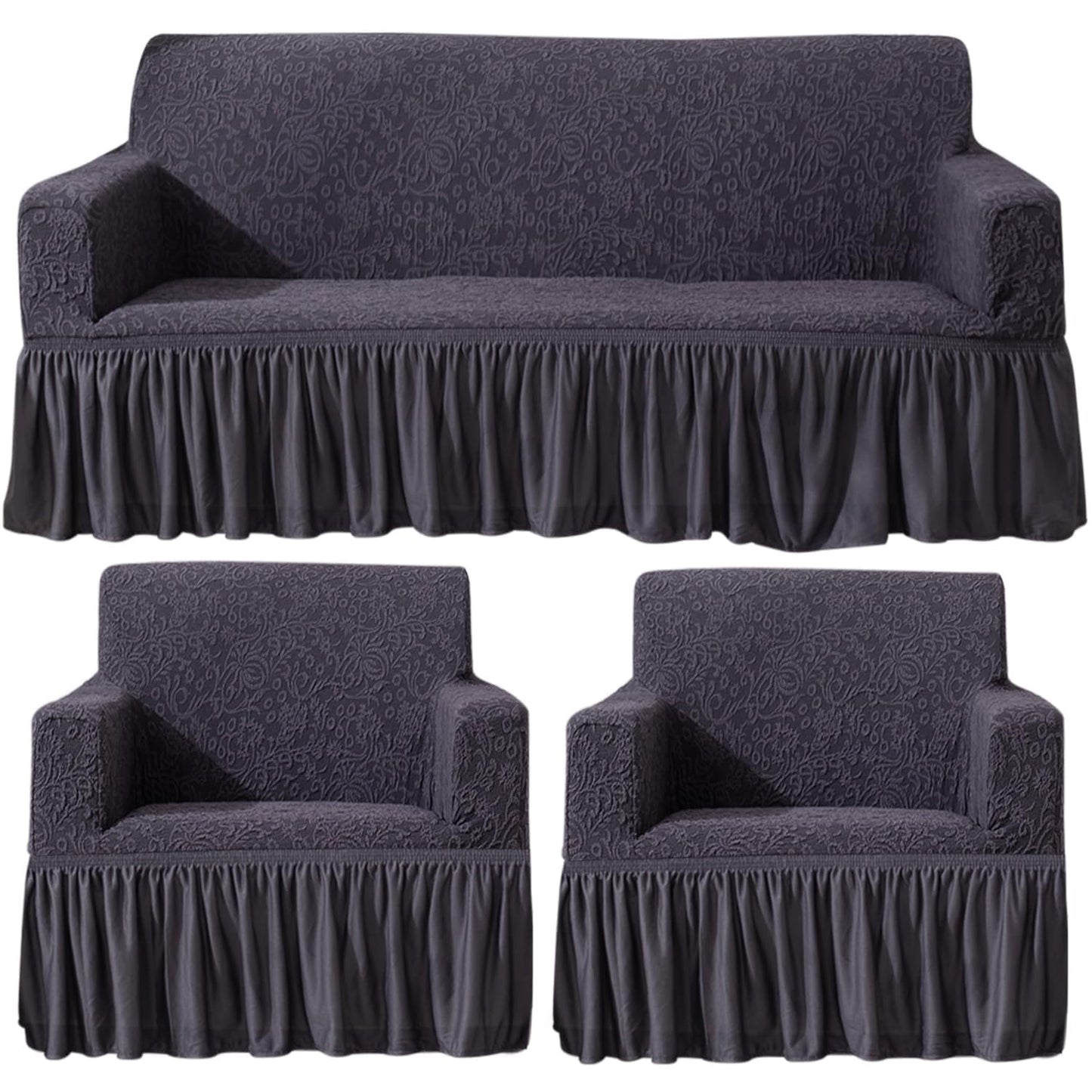 Abbey Grey designer woven jacquard frill sofa cover 3 1 1