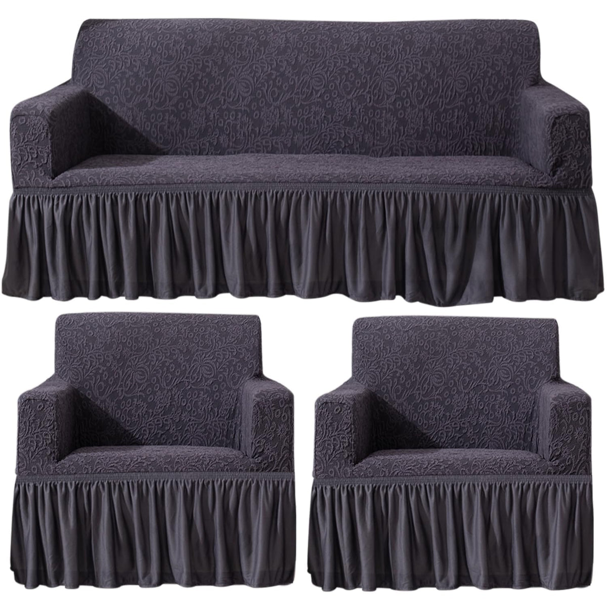 Abbey Grey designer woven jacquard frill sofa cover 3 1 1