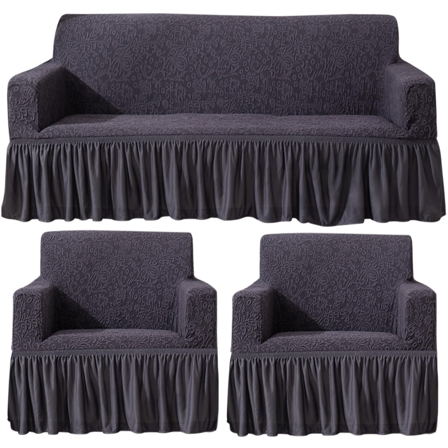 Abbey Grey designer woven jacquard frill sofa cover 3 1 1