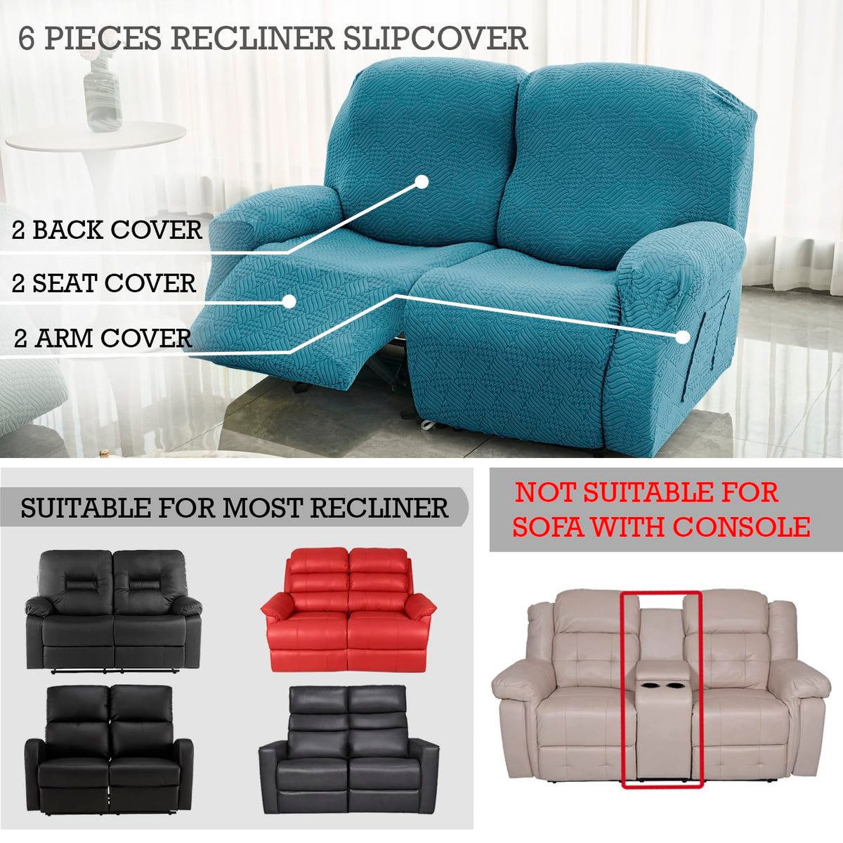 Buy Turquoise Colour Recliner sofa cover set with 2 armrest cover, 2 backrest & 2 seat covers for snug secure fit