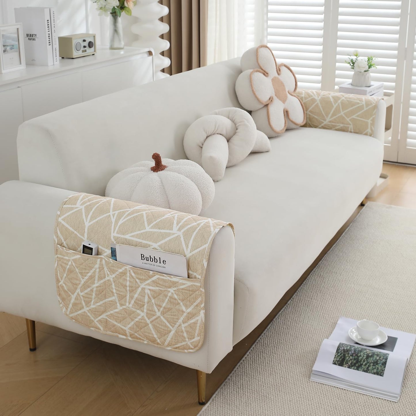 Water Repellent + Waterproof Quilted Sofa Mats, Beige Abstract Geometry