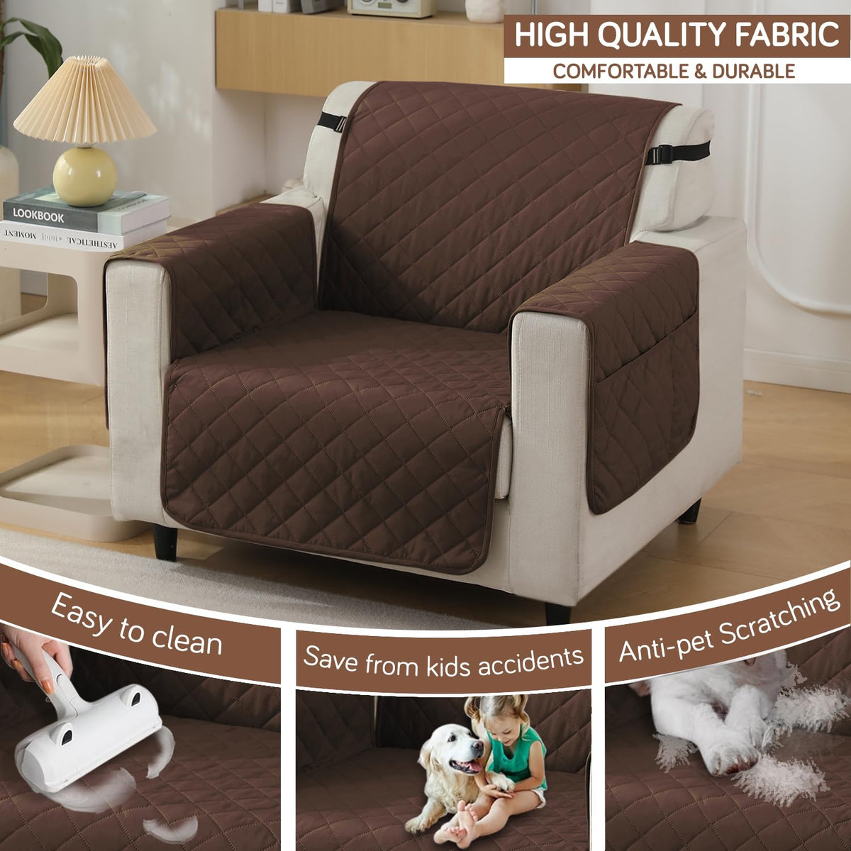 Brown colour Quilted Waterproof Sofa Protector for 1 Seater – Durable, Comfortable & Anti-Slip