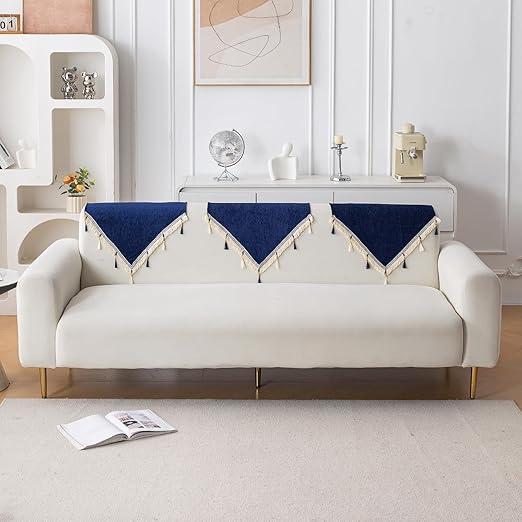 Serenity Tassel Chenille Sofa Cover with Tassel – Sapphire Navy