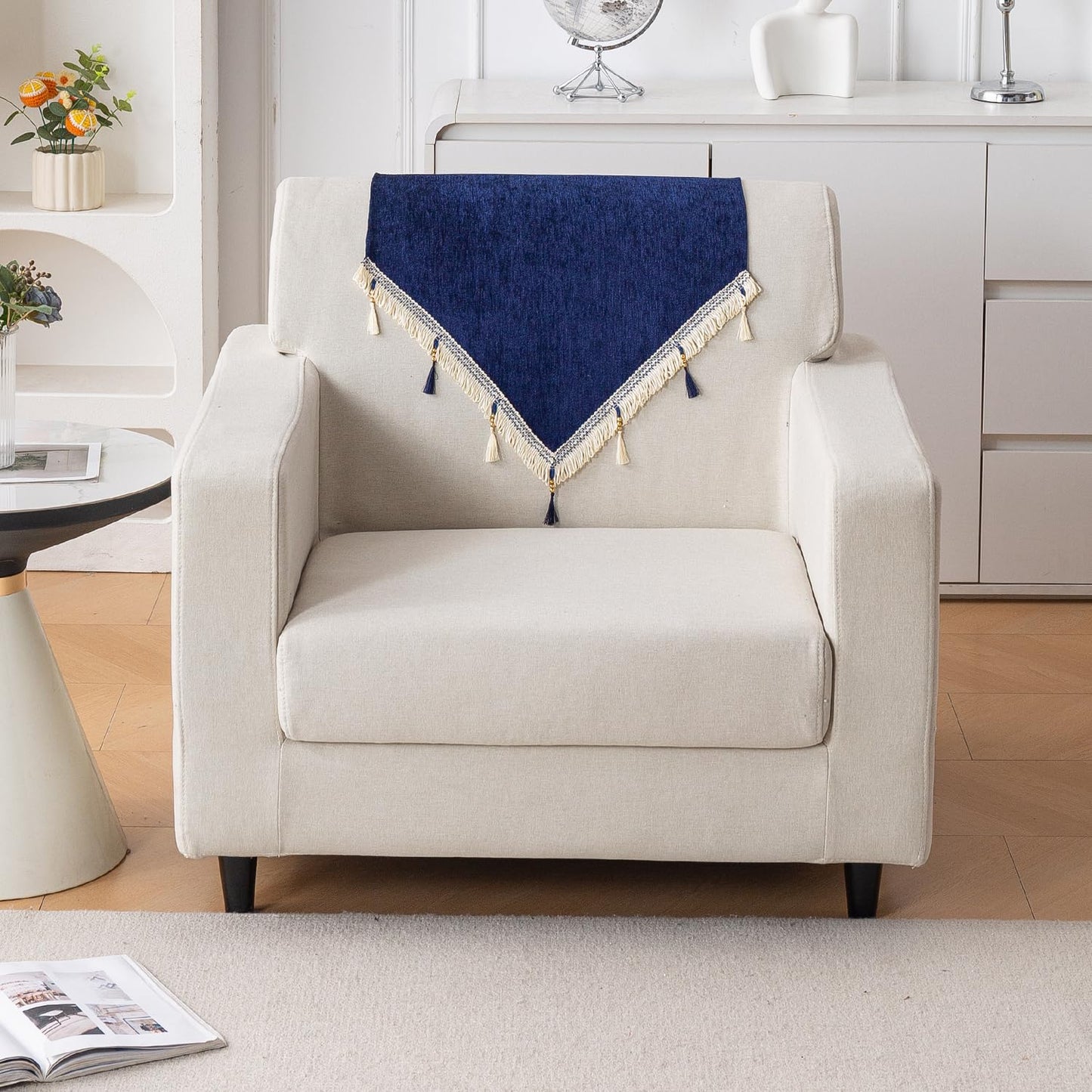 Serenity Tassel Chenille Sofa Cover with Tassel – Sapphire Navy