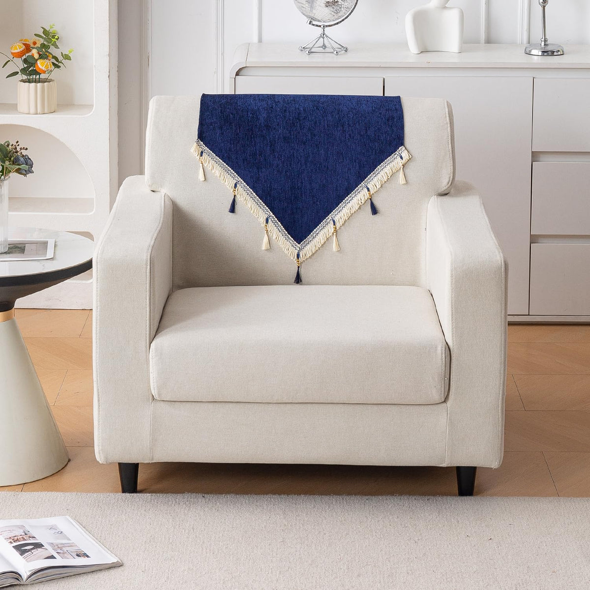 Serenity Tassel Chenille Sofa Cover with Tassel – Sapphire Navy