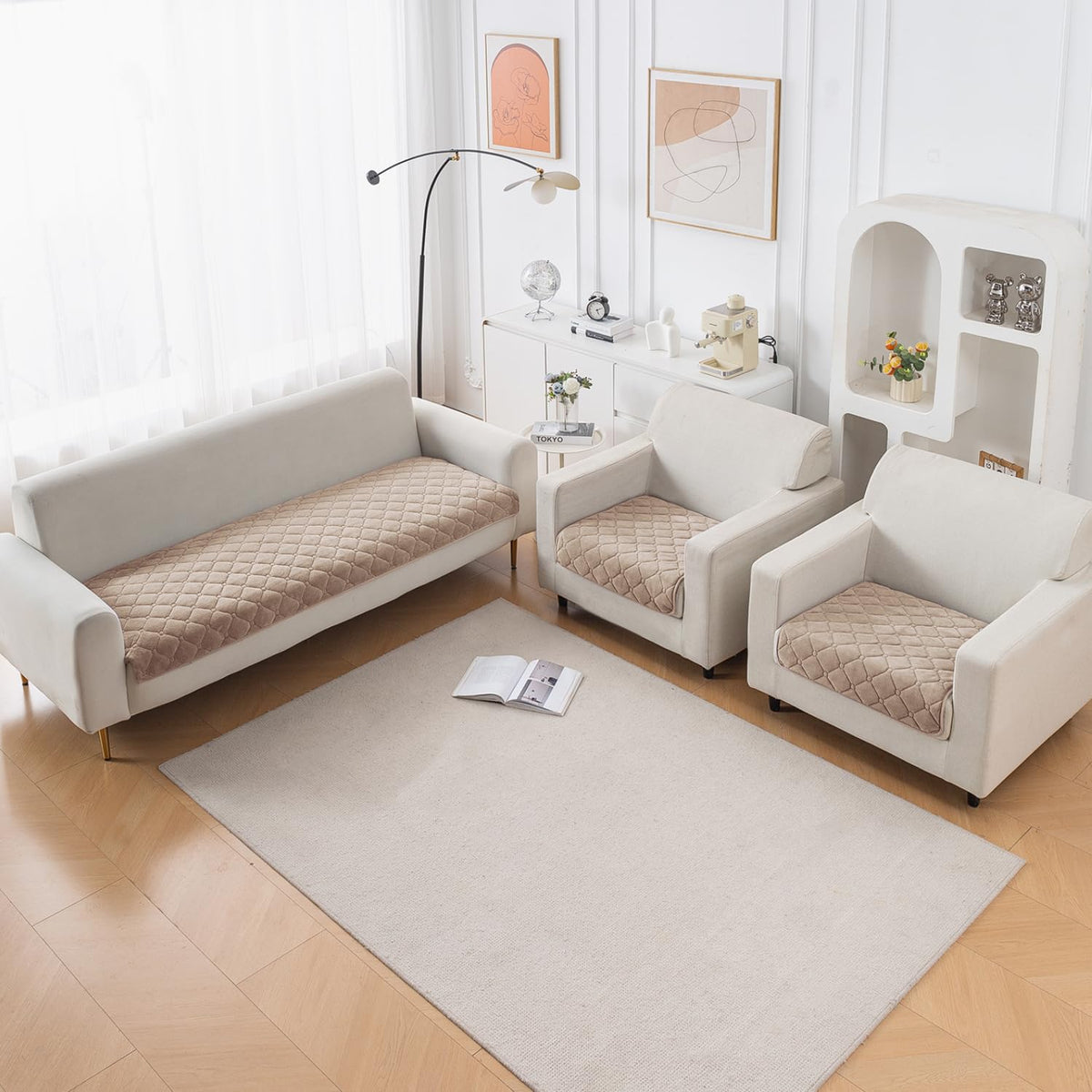Diamond Tuft Quilted 5-Seater Sofa Mat (3+1+1), Anti-Slip, Warm Taupe