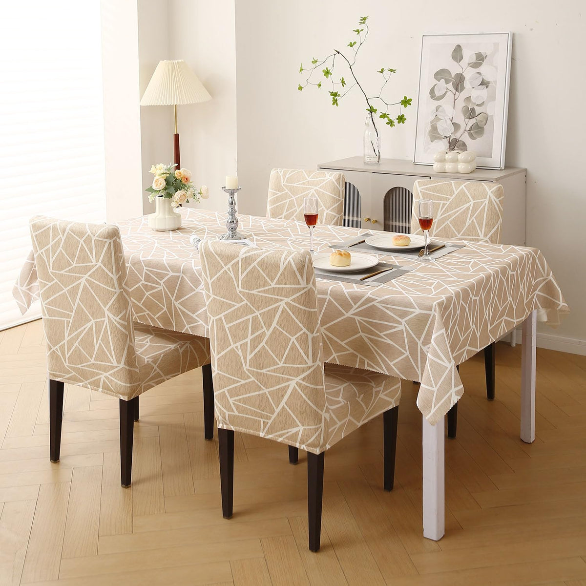 Elastic Dining Chair Covers with Matching Tablecloth, Beige Abstract Geometry