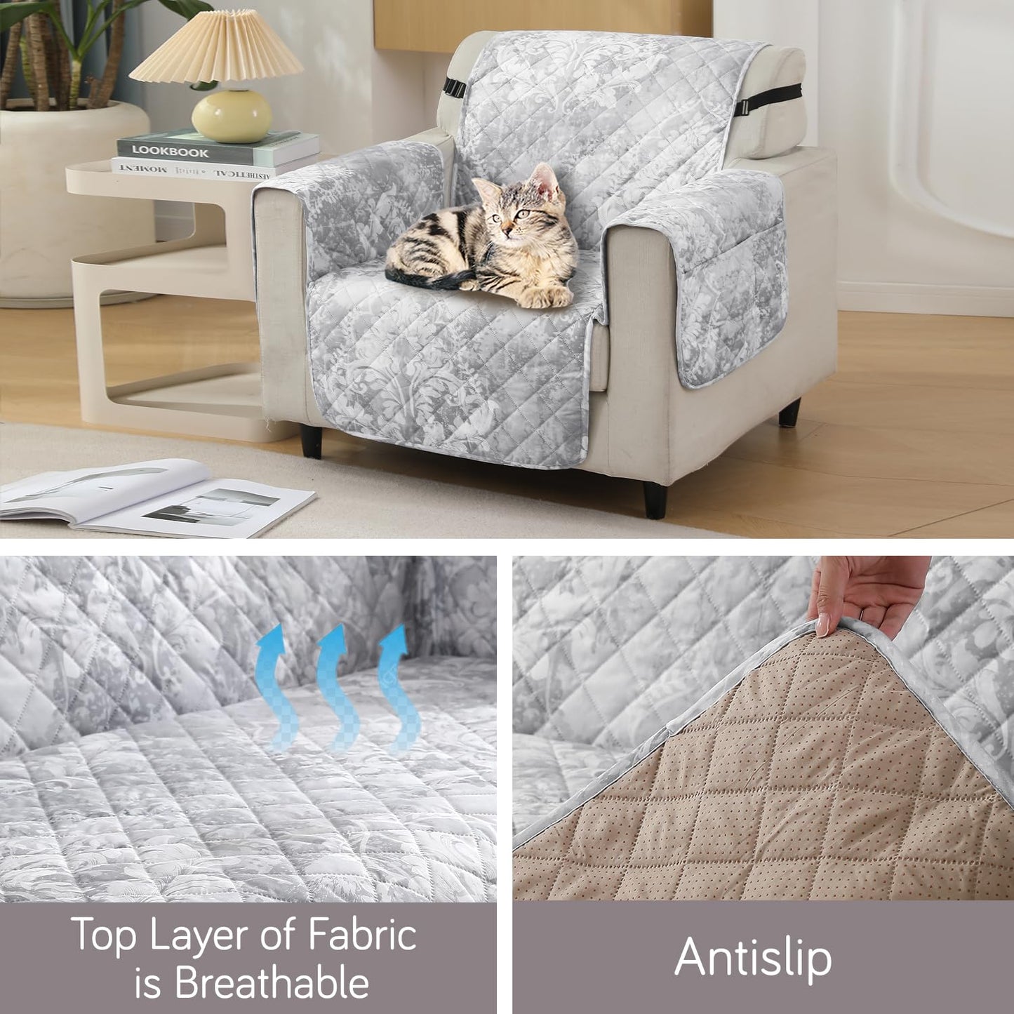 HOKIPO Quilted Waterproof Sofa Cover Mat with Pockets on Armrest Cover - Motifs Cloud Grey
