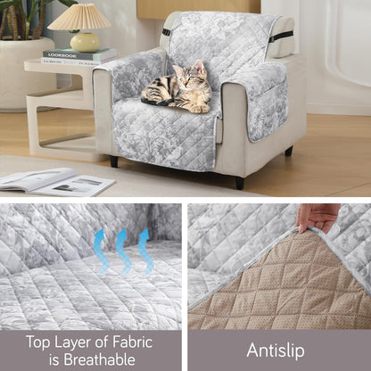 HOKIPO Quilted Waterproof Sofa Cover Mat with Pockets on Armrest Cover - Motifs Cloud Grey