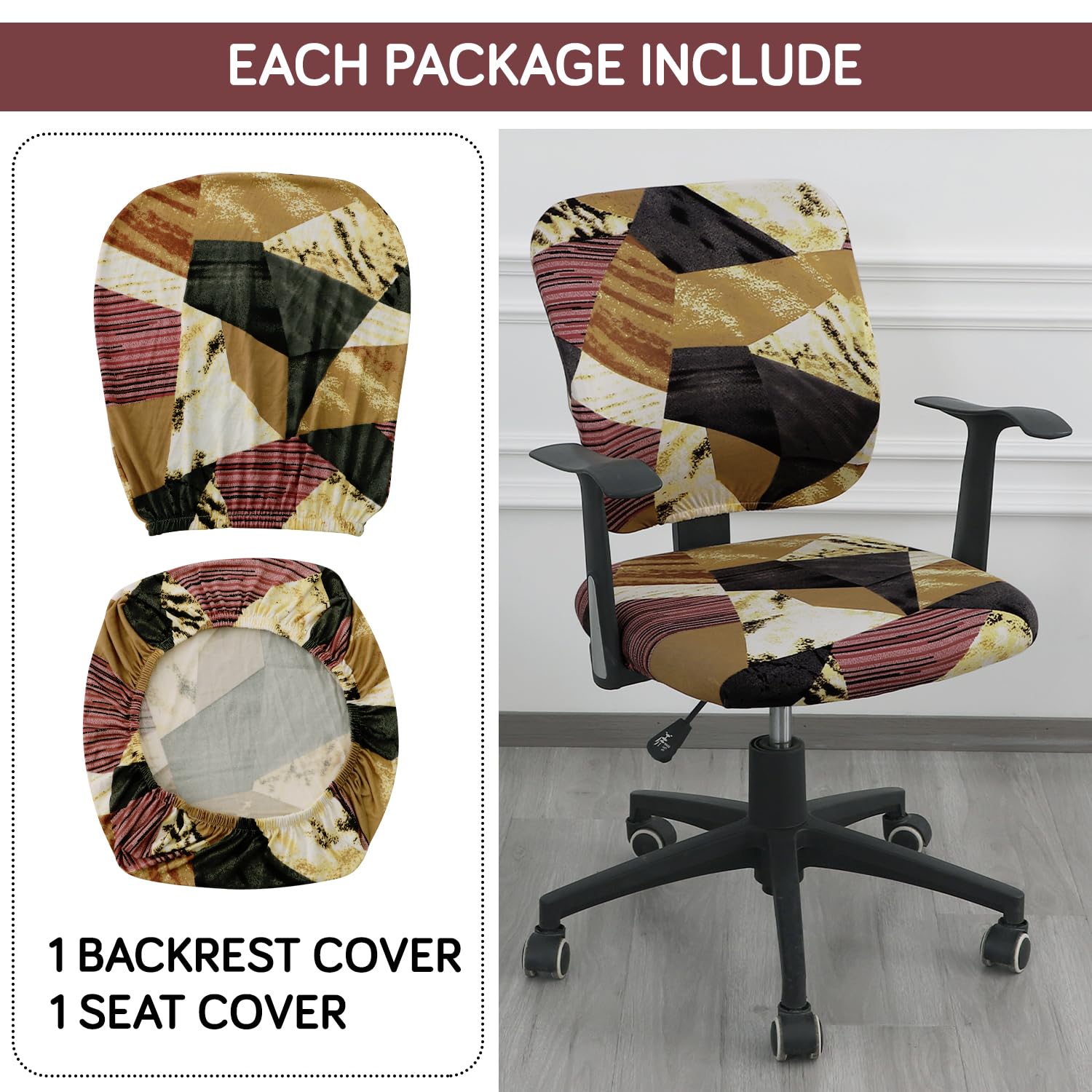 2 piece Wine Abstract Geometry Print Stretchable regular office chair seat covers