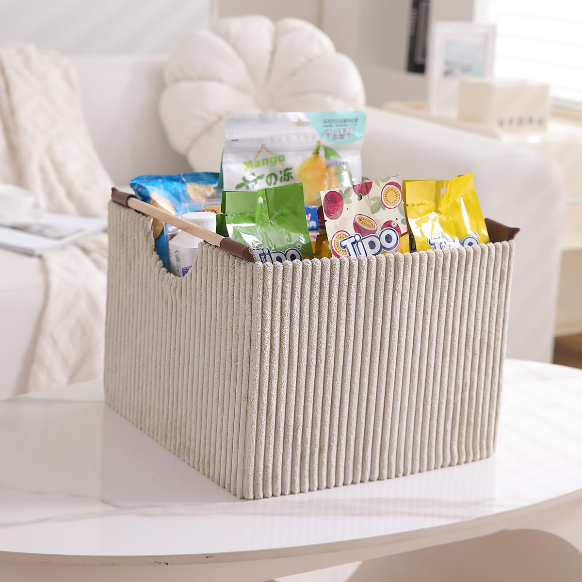 Premium Foldable Storage Bin with Wooden Handles | Corduroy Fabric Organizer Box for Wardrobe, Books, Clothes & Misc Items, Cream
