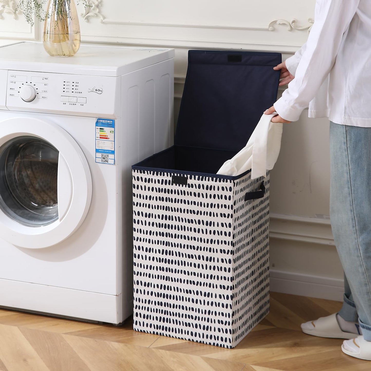 Foldable Laundry Basket for Clothes with Lid, Dots