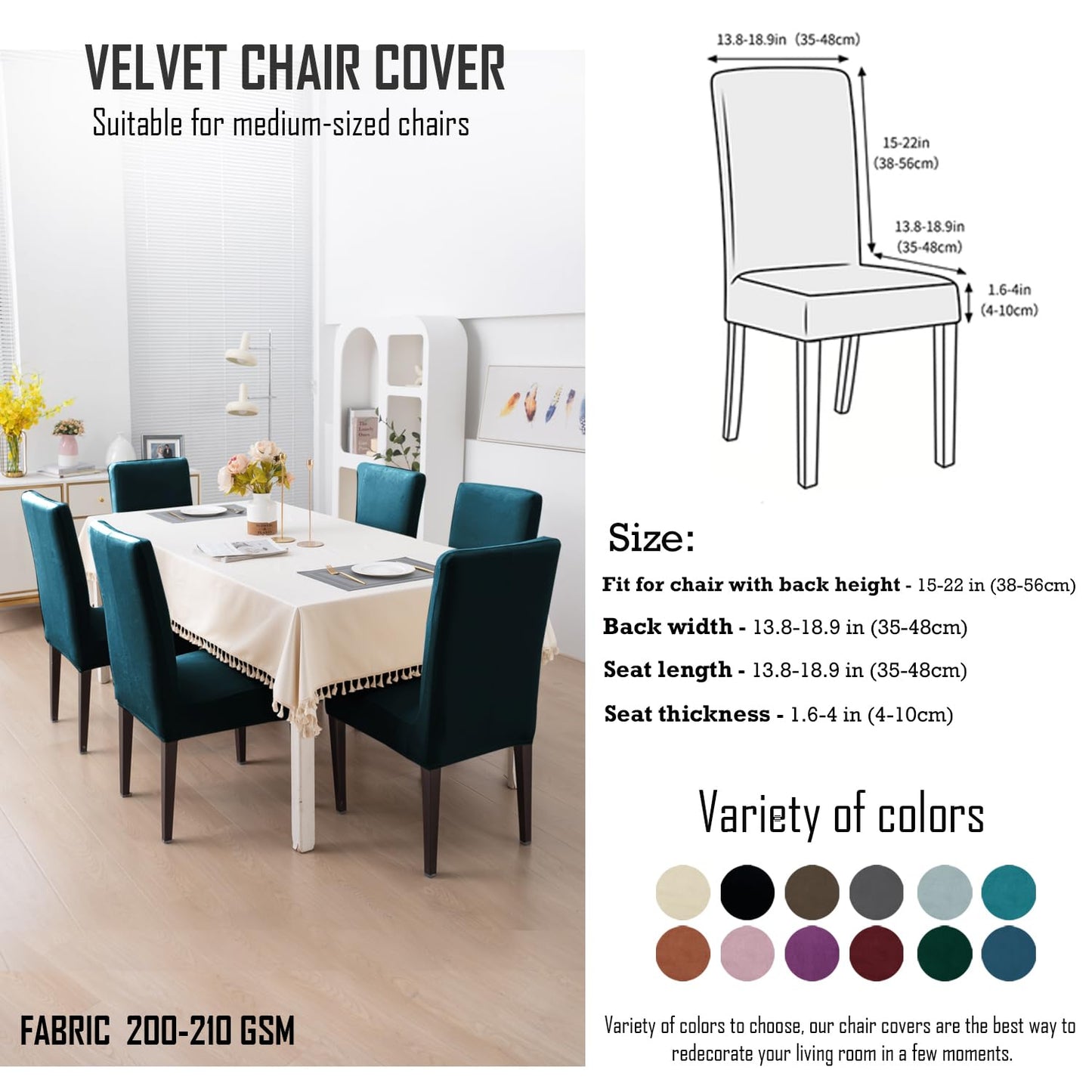Elastic Stretchable Premium Velvet Dining Chair Cover, Peacock Blue