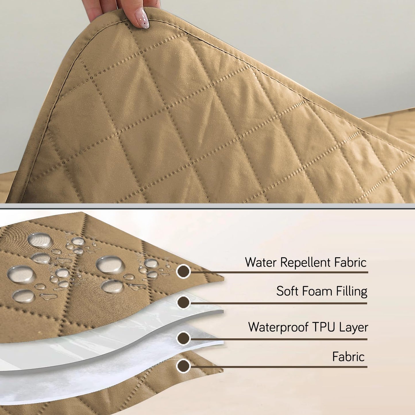 HOKIPO Quilted Waterproof Sofa Seat Mat with 2 Armrest Covers with Pockets, Camel