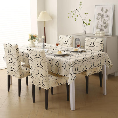 Elastic Dining Chair Covers with Matching Tablecloth, Natural Beige Abstract Art